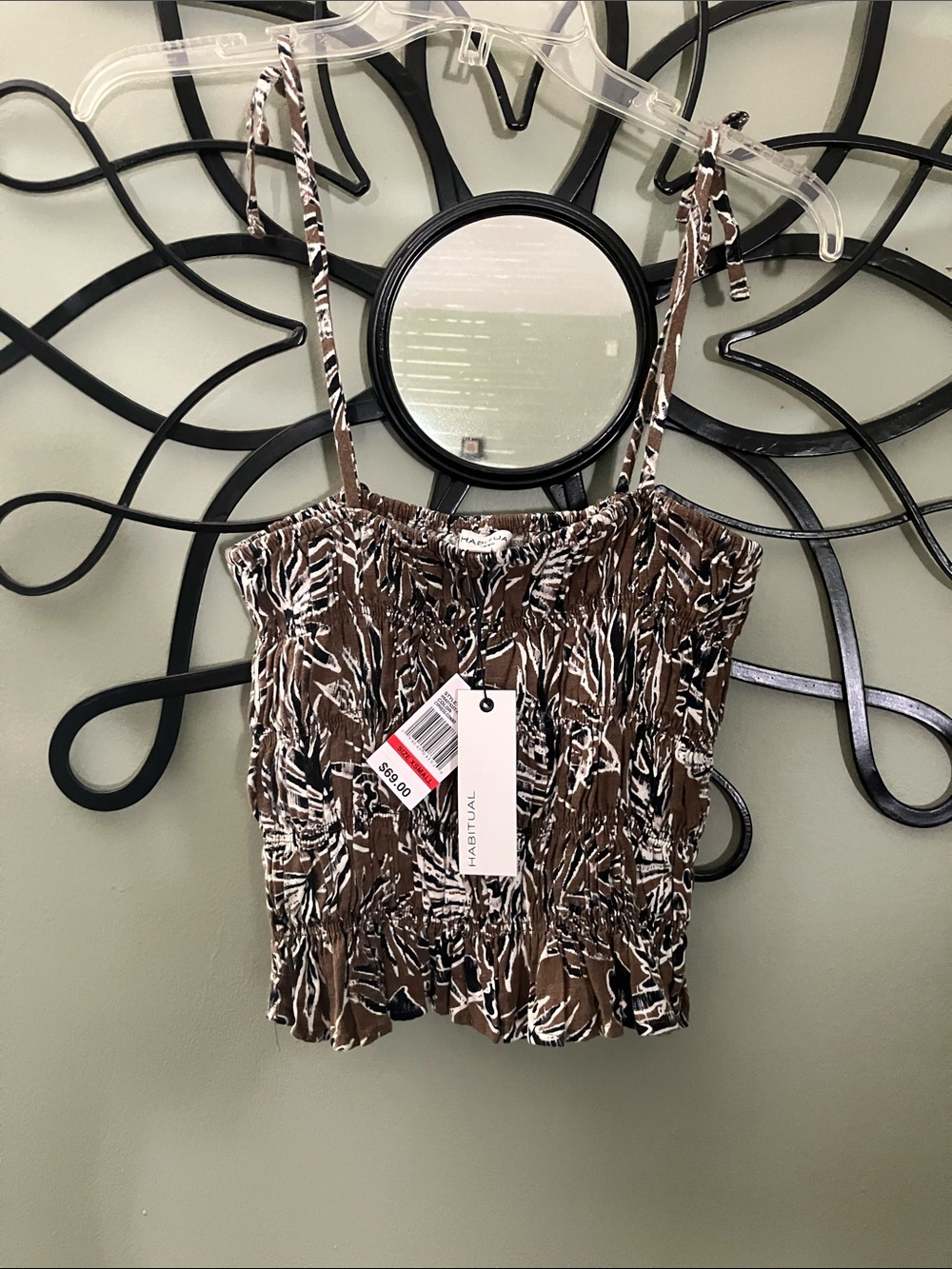 Habitual Brown Black and White Smocked Tie-Shoulder Crop Top